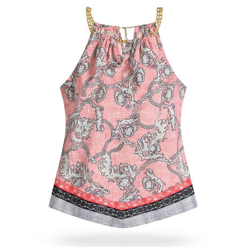 Venus Pink Baroque Chain Print Halter Top Gold Chain Straps‎ Handkerchief Hem M